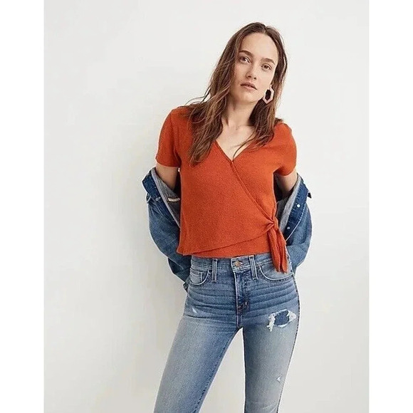 Madewell Womens Size S Texture & Thread Wrap-Tie Blouse Top Rust Orange Cotton - Picture 1 of 8
